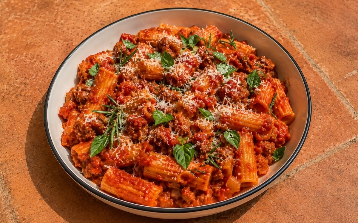 One-pan sausage tomato pasta with rigatoni in glossy deep red San Marzano tomato sauce, crumbled Italian sausage, yellow onion, fresh rosemary, Pecorino Romano and torn basil in a white ceramic bowl with black rim