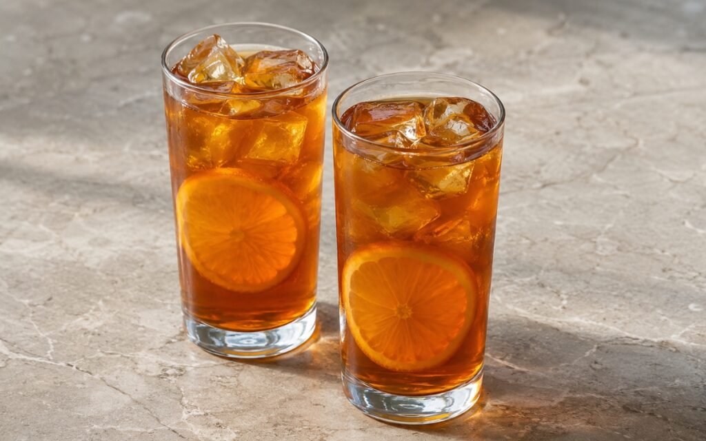 Orange cold brew iced tea in a tall glass showing clear amber still drink over ice with thin orange slices on marble surface