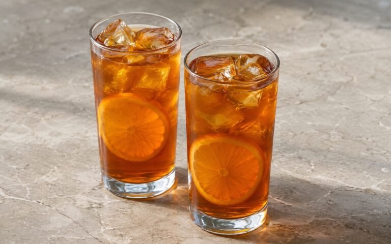 Orange cold brew iced tea in a tall glass showing clear amber still drink over ice with thin orange slices on marble surface