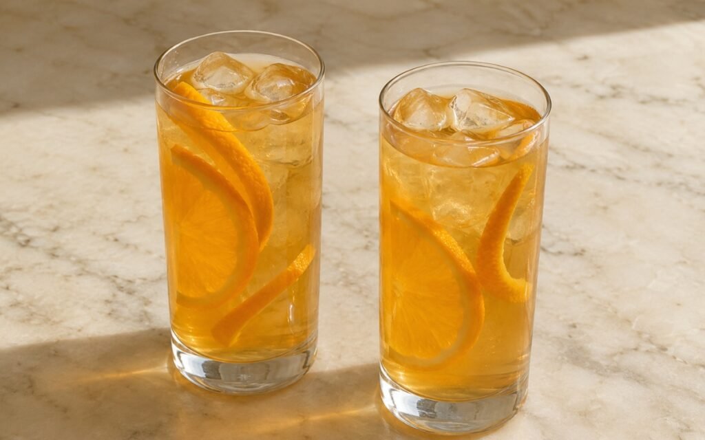 Orange jasmine iced tea in a tall glass showing pale golden still drink over ice with orange slices and an orange peel twist on marble surface