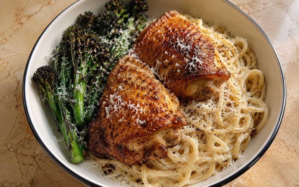 Oven baked chicken thighs with cheesy spaghetti in a wide shallow bowl showing two deeply golden crispy chicken thighs alongside cacio e pepe spaghetti, charred broccolini, and a heavy grating of Parmesan on marble surface