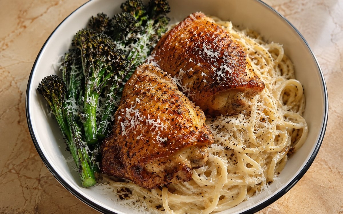 Oven baked chicken thighs with cheesy spaghetti in a wide shallow bowl showing two deeply golden crispy chicken thighs alongside cacio e pepe spaghetti, charred broccolini, and a heavy grating of Parmesan on marble surface