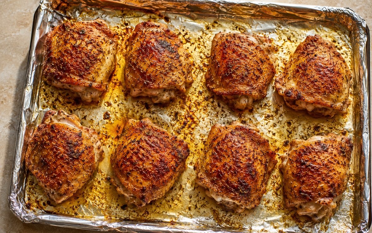 Golden crispy oven-baked chicken thighs with seasoned skin on baking tray
