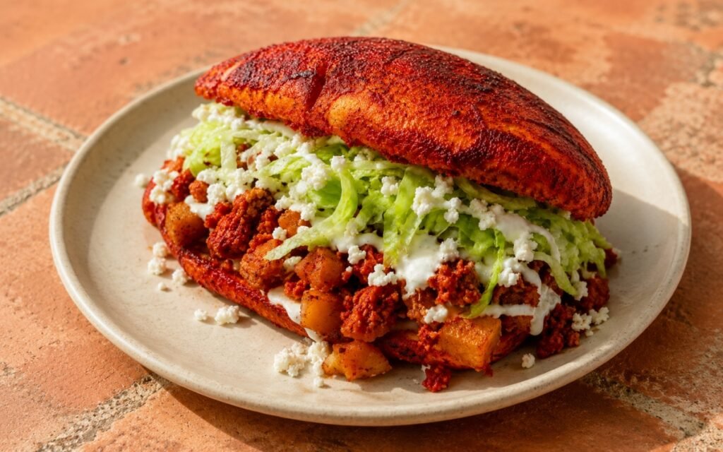 Pambazo sandwich showing a vivid red guajillo-stained griddled roll filled with potato and chorizo, topped with lettuce, crema, and crumbled queso fresco on marble surface