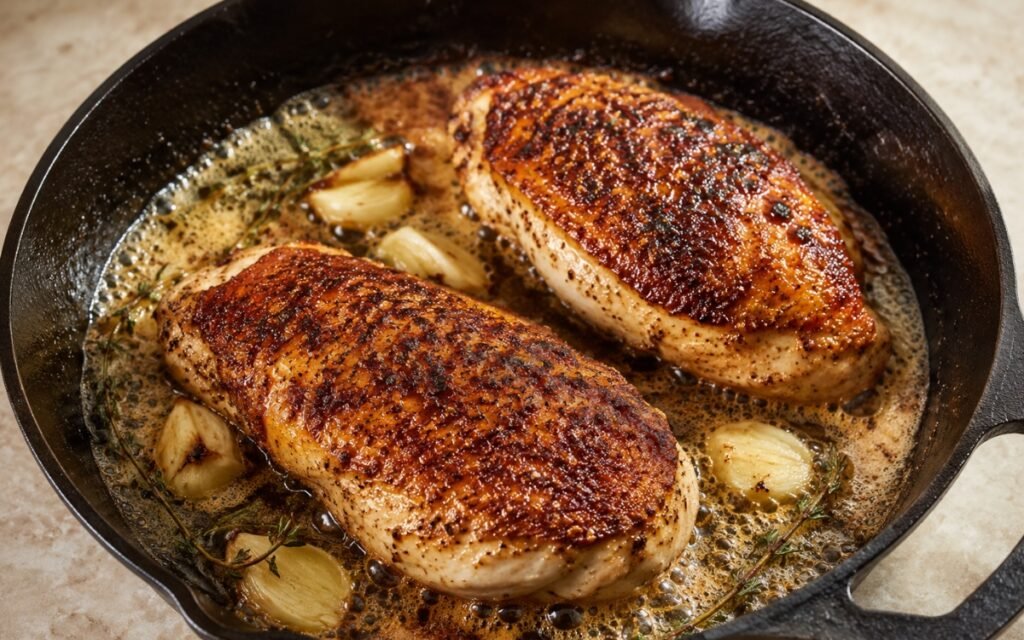 Pan-seared chicken breast with deeply golden crispy skin and garlic thyme butter