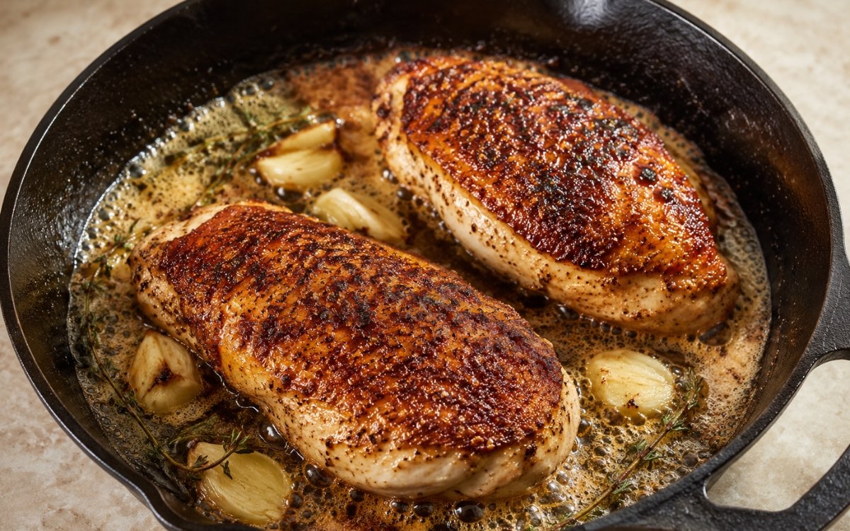 Pan-seared chicken breast with deeply golden crispy skin and garlic thyme butter