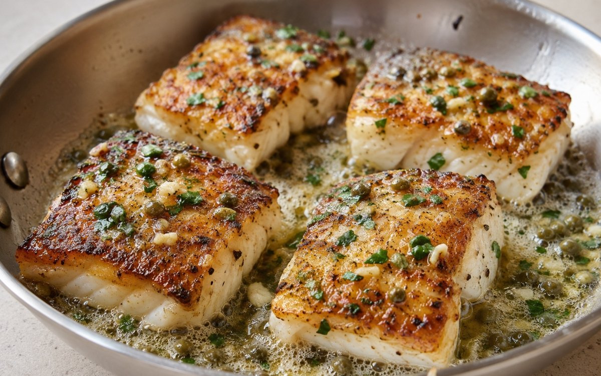 Pan-seared cod fillets topped with a bright lemon caper butter sauce