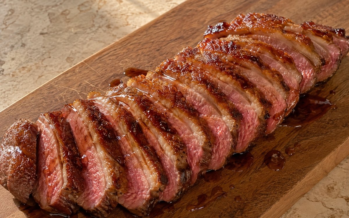 Pan-seared duck breast sliced against the grain with crispy skin and honey balsamic glaze