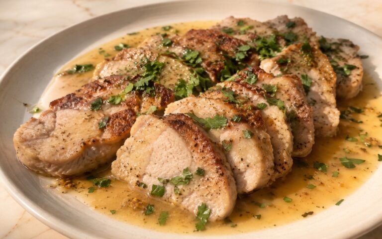 Pan-seared pork medallions coated in Dijon pan sauce garnished with fresh parsley