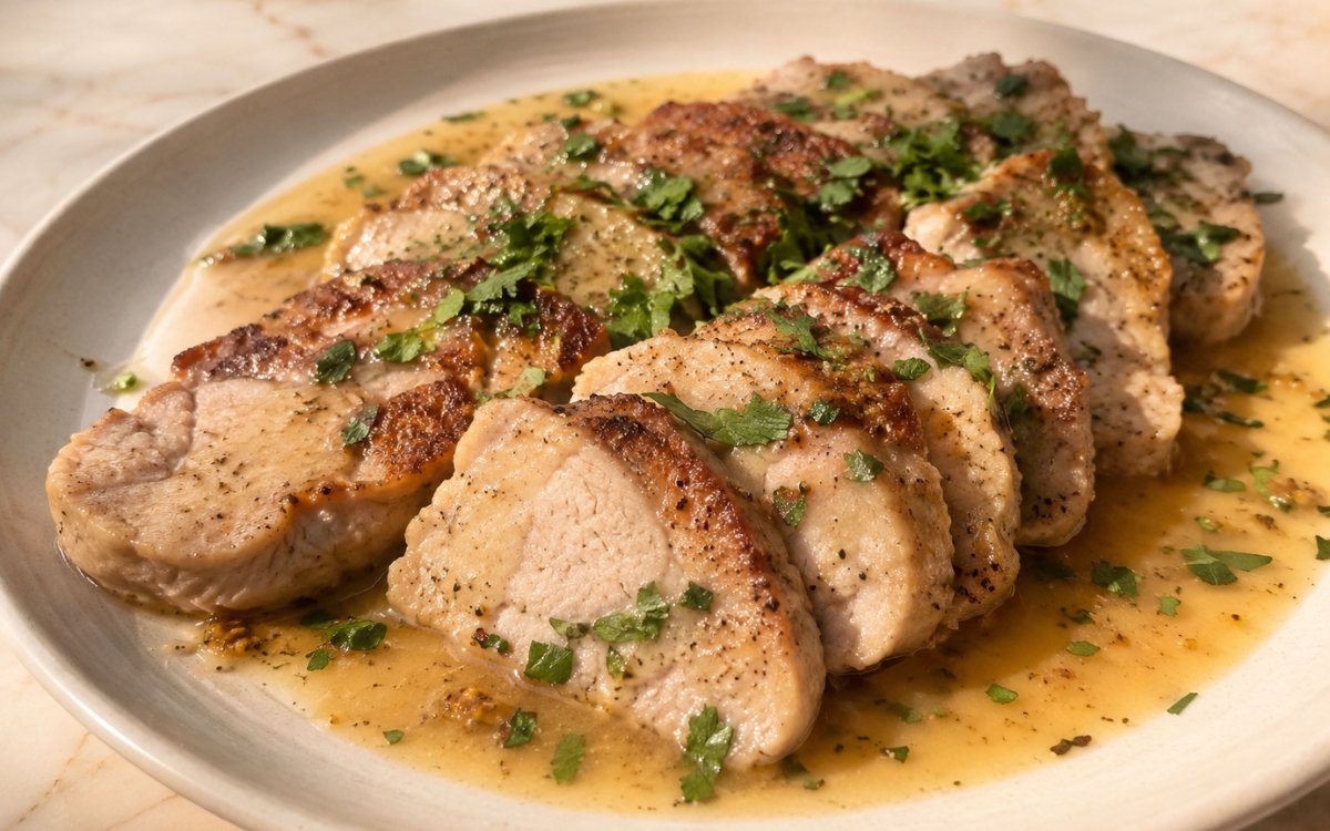 Pan-seared pork medallions coated in Dijon pan sauce garnished with fresh parsley