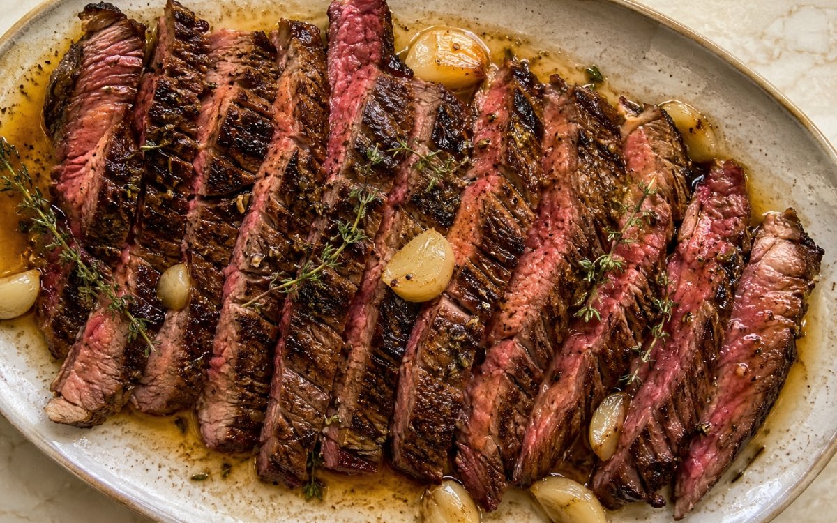Sliced pan-seared skirt steak with herb butter on white platter