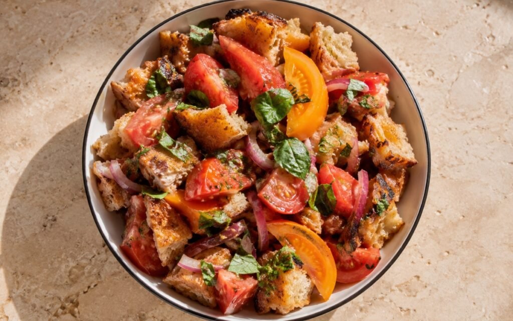 Panzanella with heirloom tomatoes and torn sourdough in a wide shallow bowl showing colourful heirloom tomato wedges, cherry tomatoes, golden torn sourdough chunks, fresh basil, and red onion in glistening red wine vinaigrette on marble surface