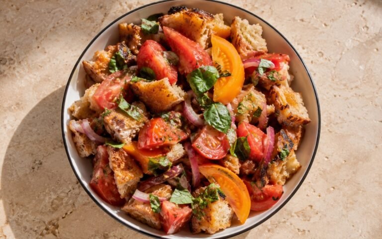 Panzanella with heirloom tomatoes and torn sourdough in a wide shallow bowl showing colourful heirloom tomato wedges, cherry tomatoes, golden torn sourdough chunks, fresh basil, and red onion in glistening red wine vinaigrette on marble surface