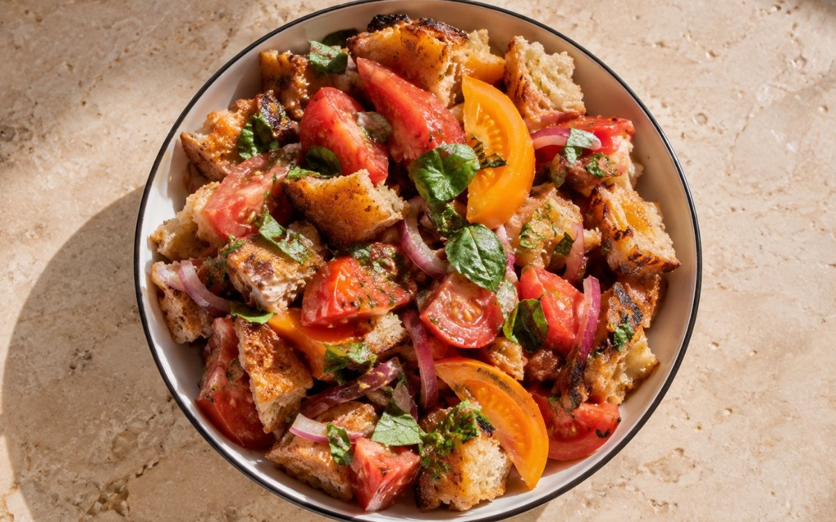 Panzanella with heirloom tomatoes and torn sourdough in a wide shallow bowl showing colourful heirloom tomato wedges, cherry tomatoes, golden torn sourdough chunks, fresh basil, and red onion in glistening red wine vinaigrette on marble surface