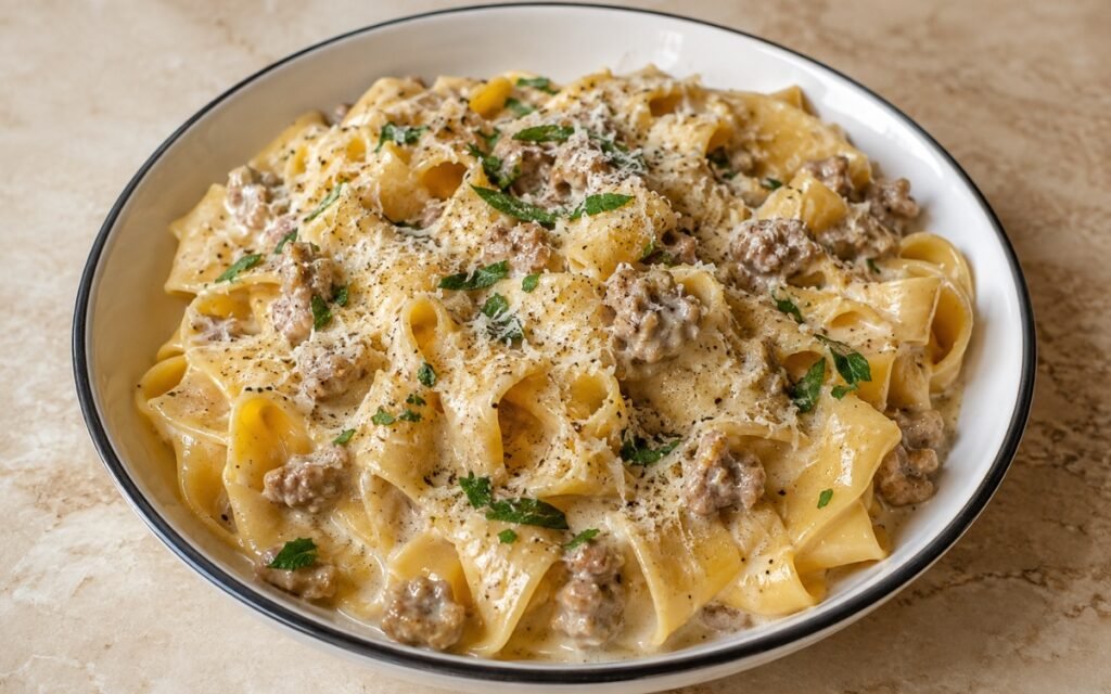 Bowl of pappardelle white sausage ragù showing wide pasta ribbons coated in a pale glossy sauce with browned sausage pieces and cracked black pepper on marble surface
