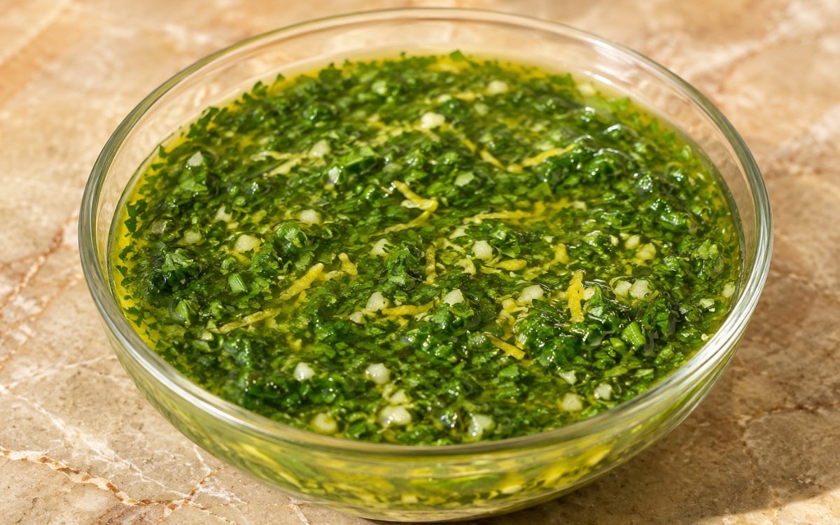 Bright green parsley lemon herb sauce in a white bowl with fresh parsley and lemon beside it