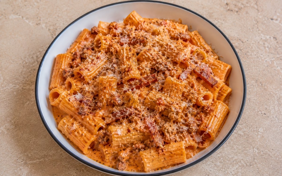 Pasta alla zozzona with rigatoni in creamy pale orange-red tomato-egg sauce, crispy guanciale strips, crumbled Italian sausage, Pecorino Romano, Parmigiano-Reggiano and black pepper in a white ceramic bowl with black rim