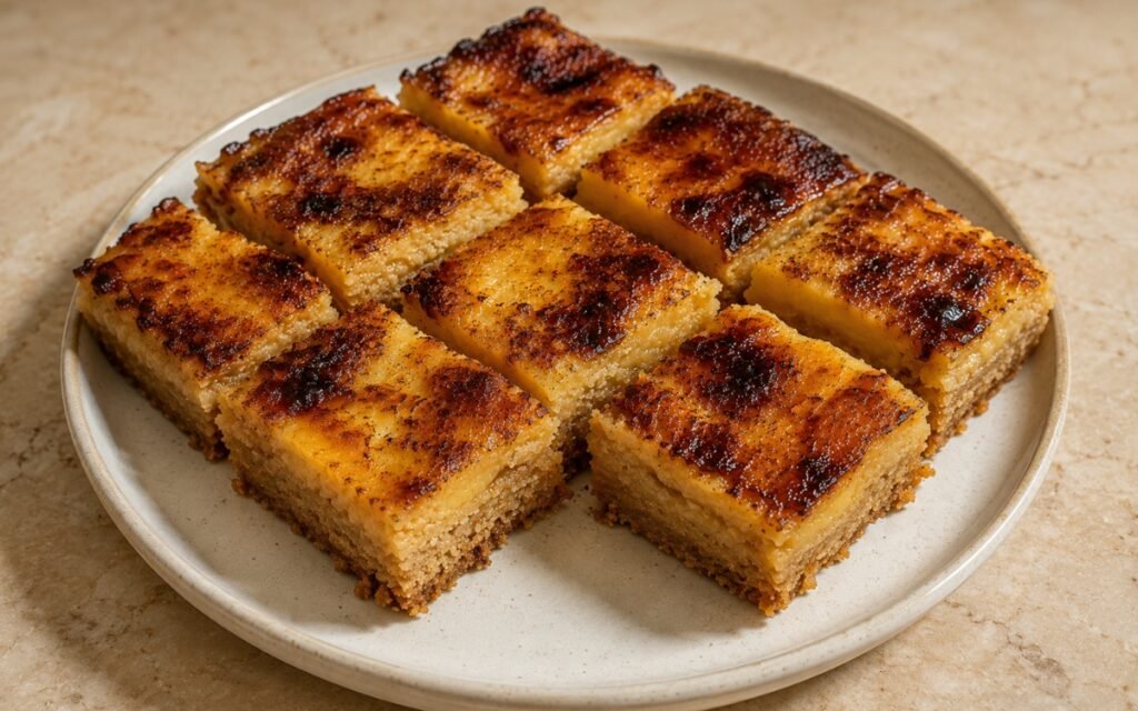 Sliced pastel de nata blondies showing a buttery blondie base under a thick custard layer with dark caramelised, blistered spots on marble surface