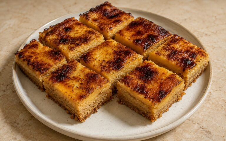 Sliced pastel de nata blondies showing a buttery blondie base under a thick custard layer with dark caramelised, blistered spots on marble surface