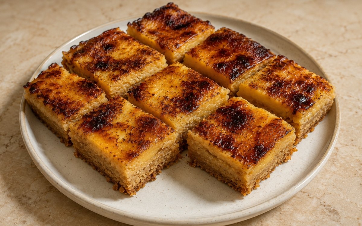 Sliced pastel de nata blondies showing a buttery blondie base under a thick custard layer with dark caramelised, blistered spots on marble surface