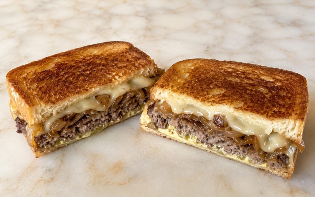 Patty melt sandwich cut in half showing seared beef, glossy caramelized onions, melted Swiss cheese, and crisp golden brioche in cross-section on marble surface