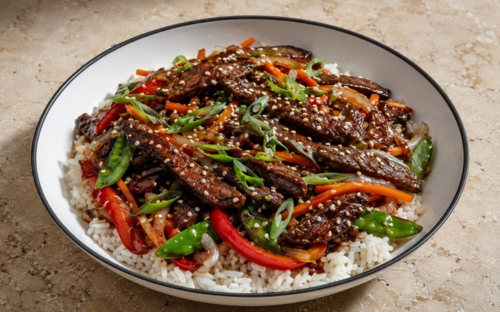 Peking beef stir-fry bowl with flank steak strips in glossy hoisin sauce over jasmine rice with julienned red bell pepper, carrots, white onion, snow peas, scallions and sesame seeds in a white ceramic bowl with black rim