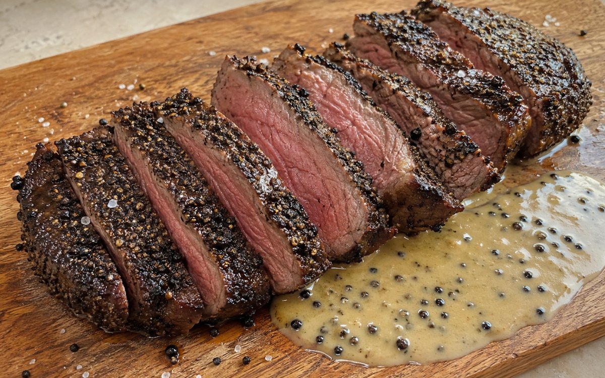 Peppercorn crusted steak sliced against the grain on a plate with brandy cream sauce drizzled over the top
