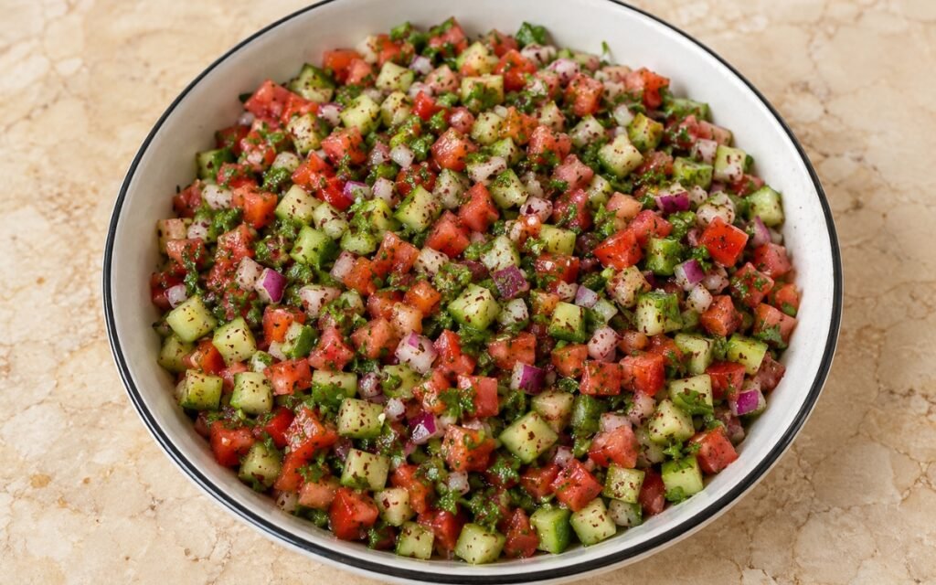 Persian Shirazi salad with diced cucumbers, tomatoes, and herbs in a white bowl