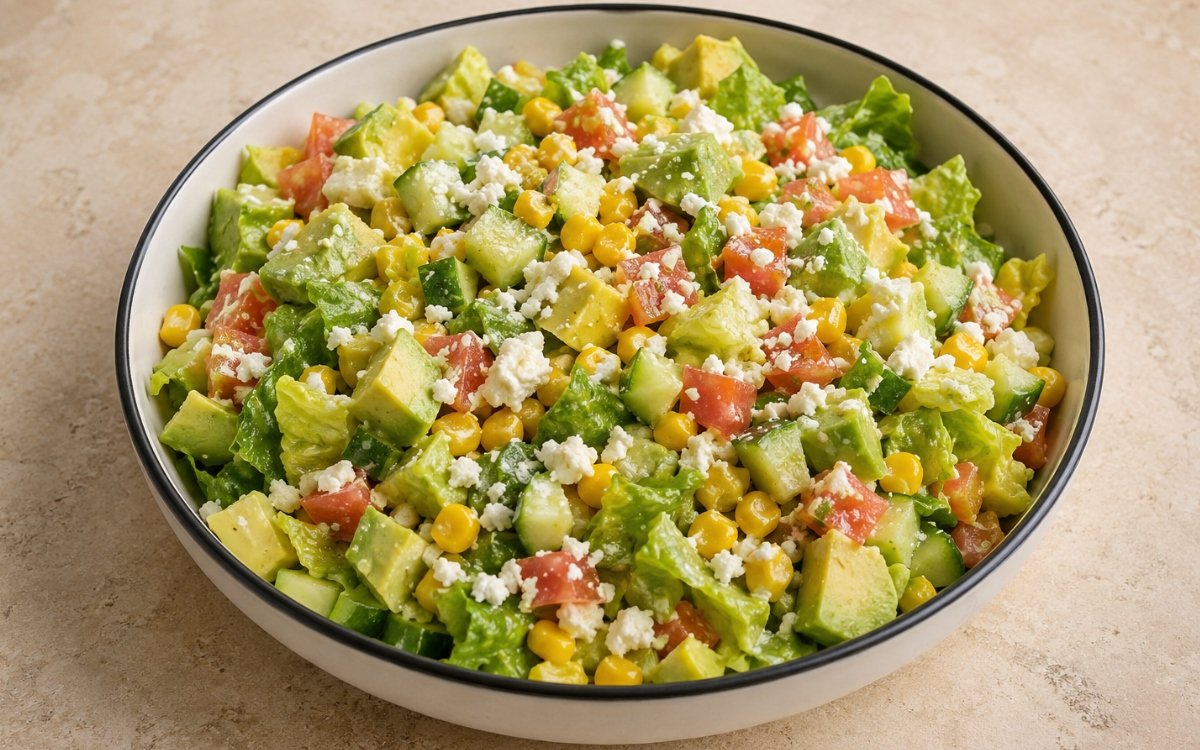 Colorful Peruvian chopped salad with corn, tomatoes, avocado, and queso fresco in a serving bowl