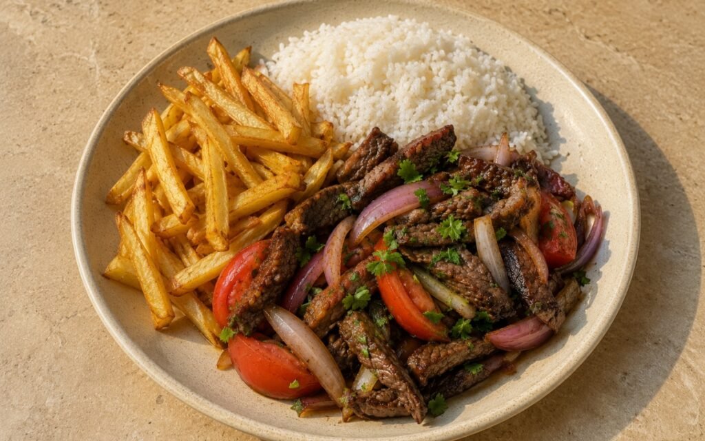 Plate of Peruvian lomo saltado showing charred glossy beef strips with shallots and tomato wedges beside crispy double-fried fries and fluffy white rice on marble surface