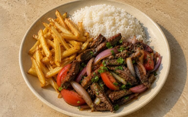 Plate of Peruvian lomo saltado showing charred glossy beef strips with shallots and tomato wedges beside crispy double-fried fries and fluffy white rice on marble surface