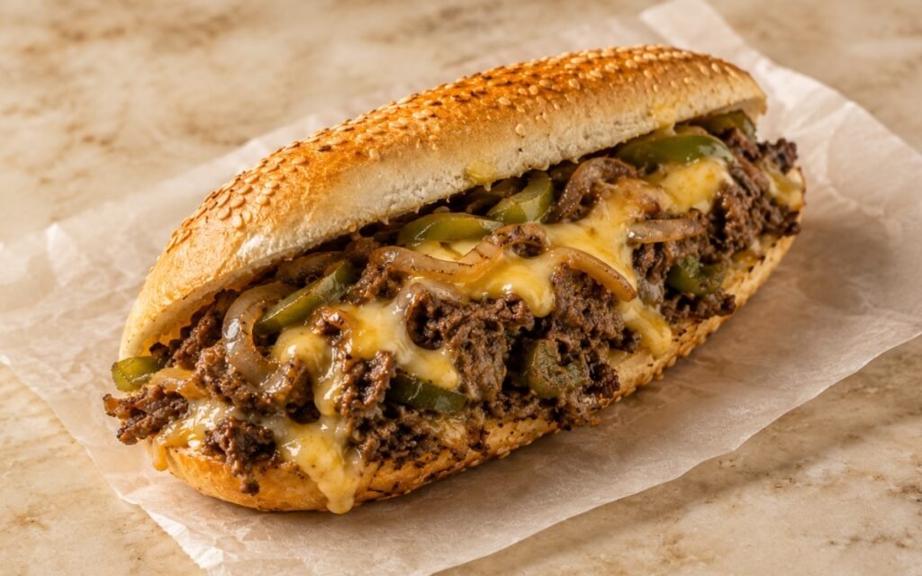 philly cheesesteak sandwich with melted cheese, onions, and sesame hoagie roll