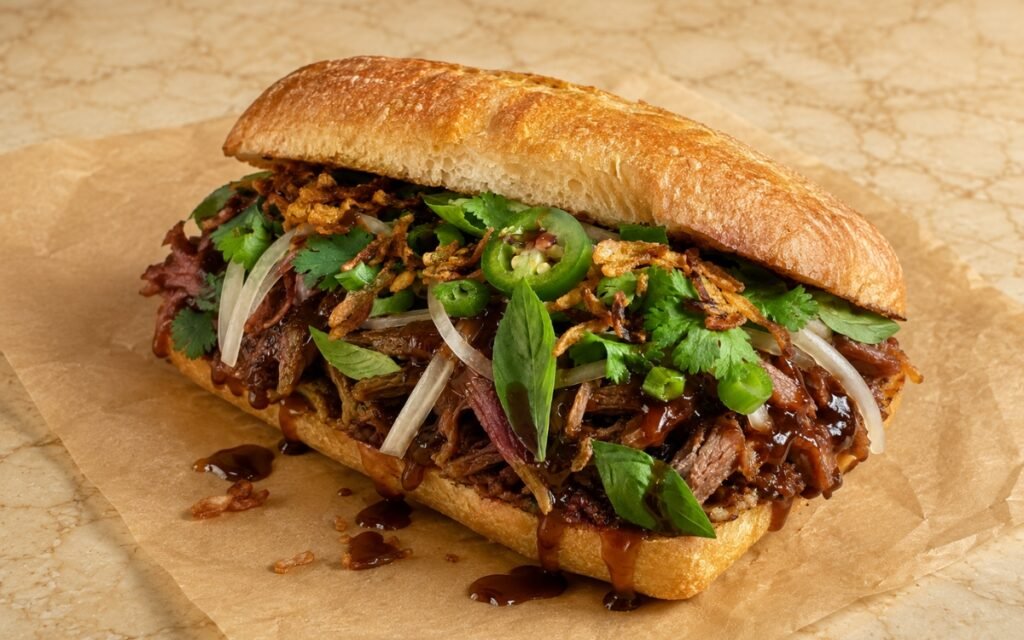 Pho sandwich showing slow-braised beef piled in a crusty baguette with fresh cilantro, Thai basil, thin jalapeño slices, crispy shallots, and a hoisin drizzle on marble surface