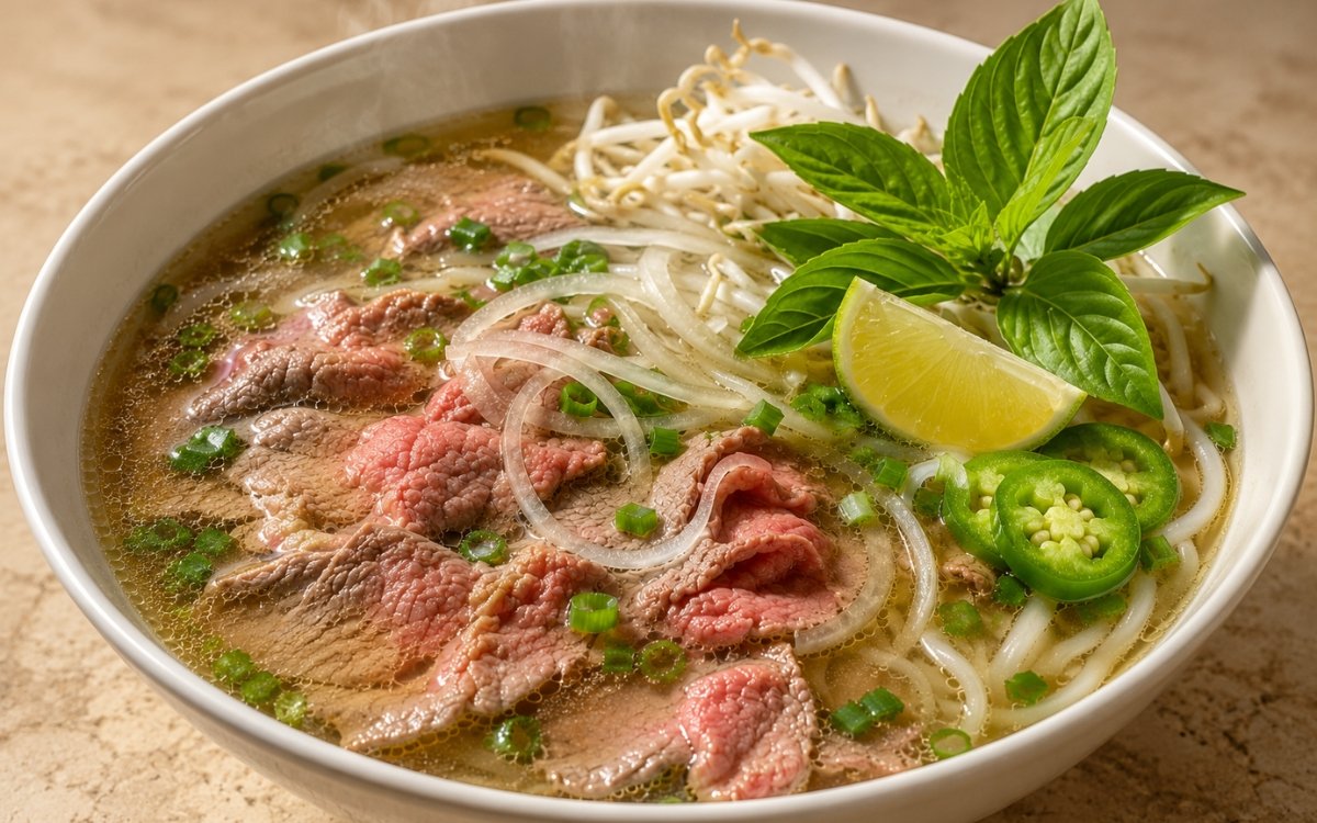 Bowl of Vietnamese beef pho showing clear golden broth with rice noodles, thin rare beef, sliced brisket, bean sprouts, Thai basil, and lime on marble surface