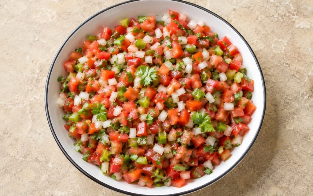 Fresh pico de gallo in a white bowl showing diced Roma tomatoes, red and white onion, jalapeño, and cilantro with lime wedges on marble surface
