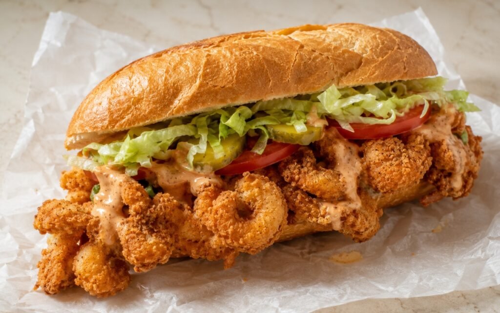 Overfilled po' boy sandwich showing crisp golden fried shrimp spilling from crusty French bread with lettuce, tomato, and tangy remoulade on marble surface