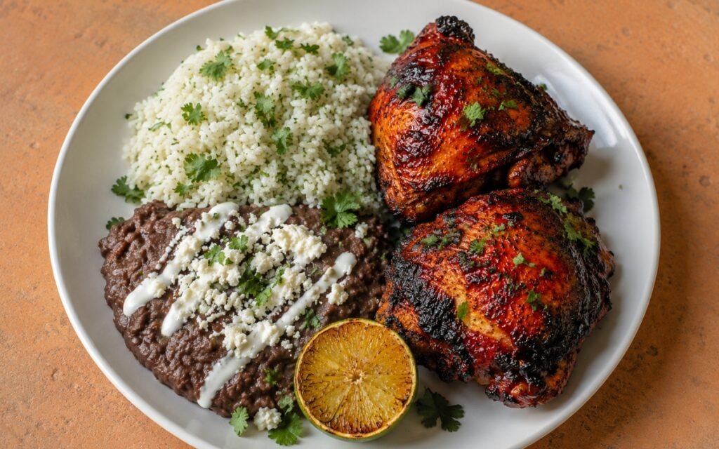 Plate of pollo asado showing deeply red charred chicken thighs beside fluffy cilantro-lime rice and creamy refried black beans topped with crema and queso fresco, with a grilled lime half on marble surface