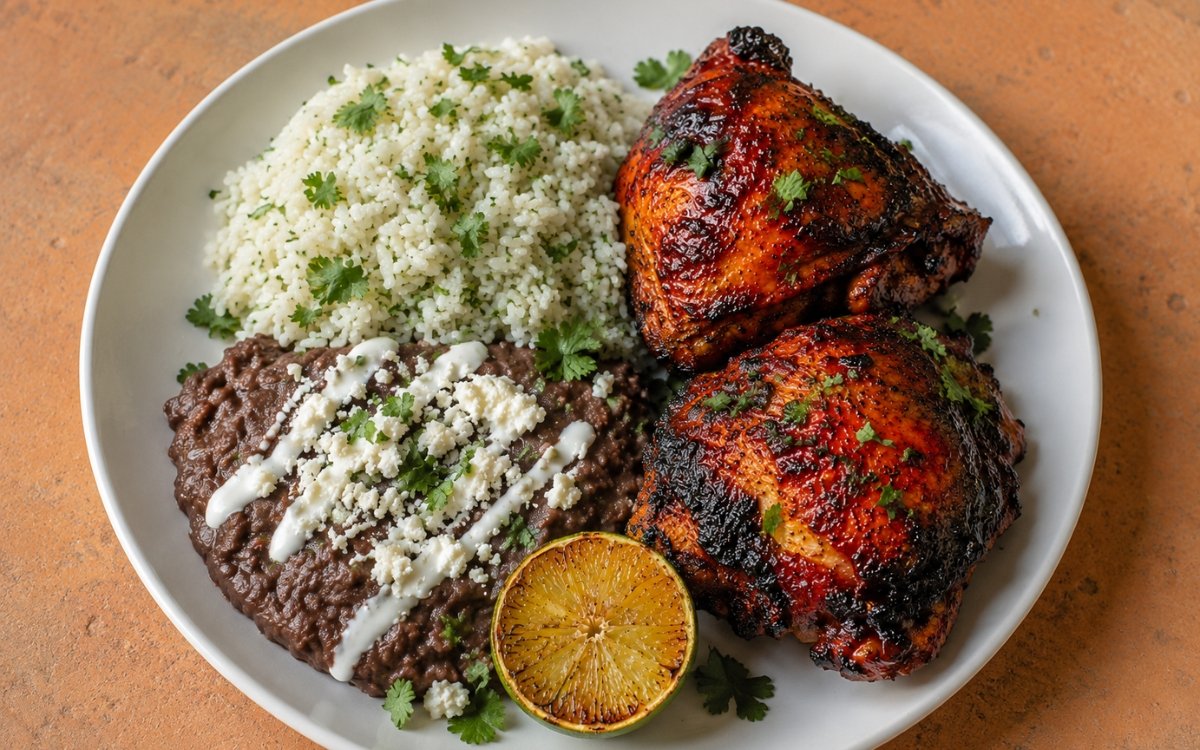 Plate of pollo asado showing deeply red charred chicken thighs beside fluffy cilantro-lime rice and creamy refried black beans topped with crema and queso fresco, with a grilled lime half on marble surface