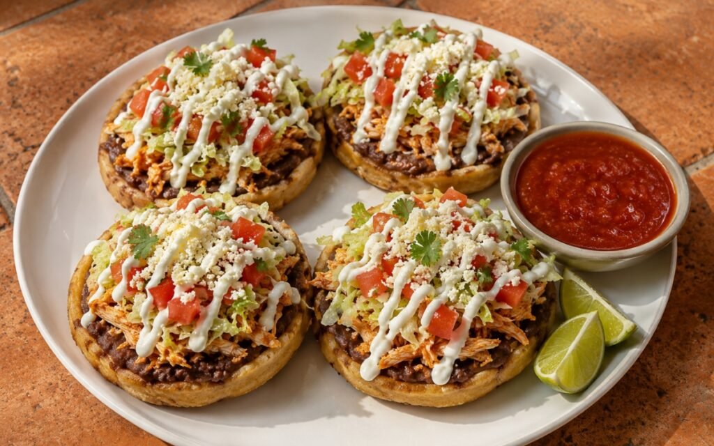 Four pollo sopes showing thick golden-brown masa bases layered with dark refried beans, shredded chicken, shredded lettuce, diced tomato, crema drizzle, and crumbled queso fresco on marble surface