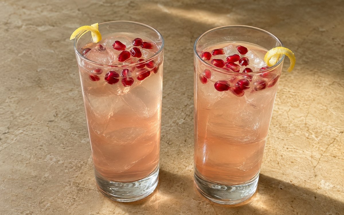 Pomegranate iced green tea in a tall glass showing pale ruby-tinted still drink over ice with fresh pomegranate arils on marble surface