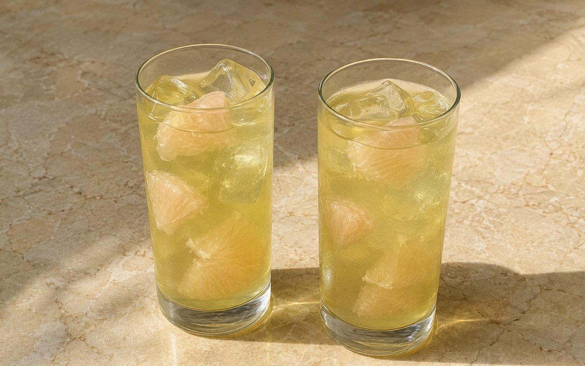 Pomelo green iced tea in a tall glass showing pale golden-green still drink over ice with fresh pomelo segments on marble surface