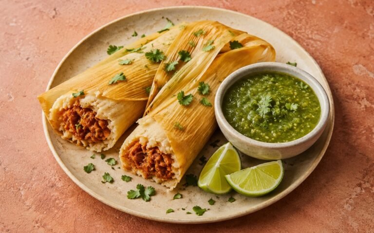 Two pork tamales partially unwrapped from corn husks on a plate showing pale tender masa and glossy red chile pork filling, beside a small bowl of salsa verde, fresh cilantro, and lime wedges on marble surface
