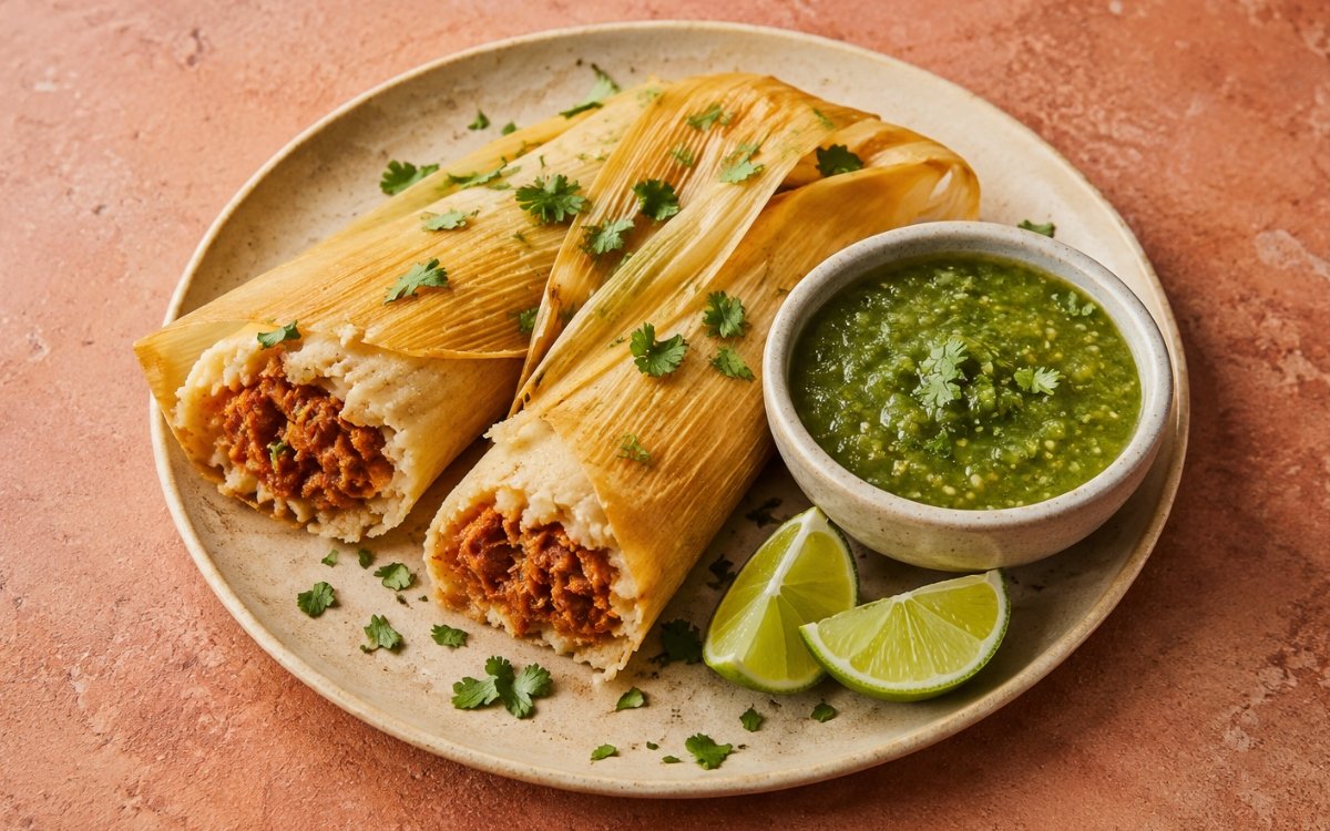 Two pork tamales partially unwrapped from corn husks on a plate showing pale tender masa and glossy red chile pork filling, beside a small bowl of salsa verde, fresh cilantro, and lime wedges on marble surface