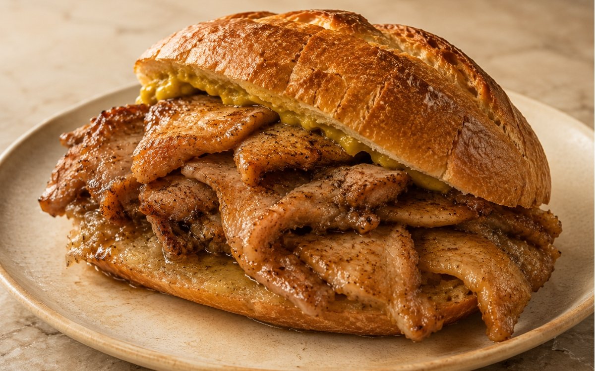 Portuguese pork bifana sandwich showing thin glossy pork slices in a juice-soaked crusty roll with mustard and piri-piri on marble surface