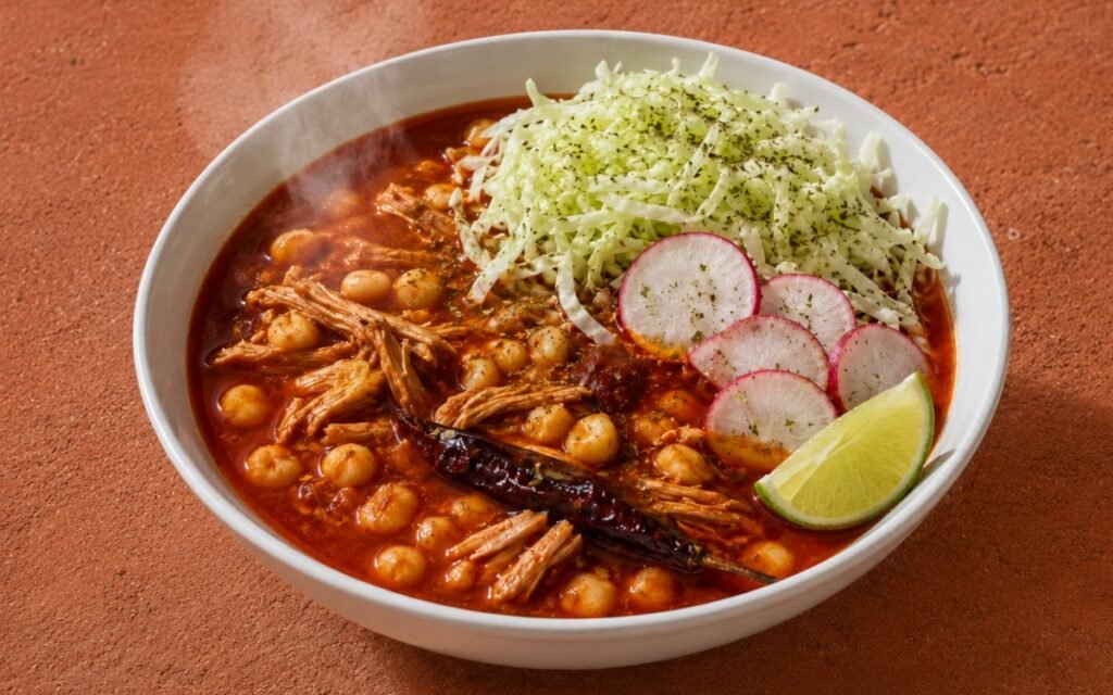 Bowl of pozole rojo showing deep ruby-red broth with large hominy kernels and shredded pork, topped with a whole dried chile, beside crisp shredded cabbage, sliced radish, and a lime wedge on marble surface