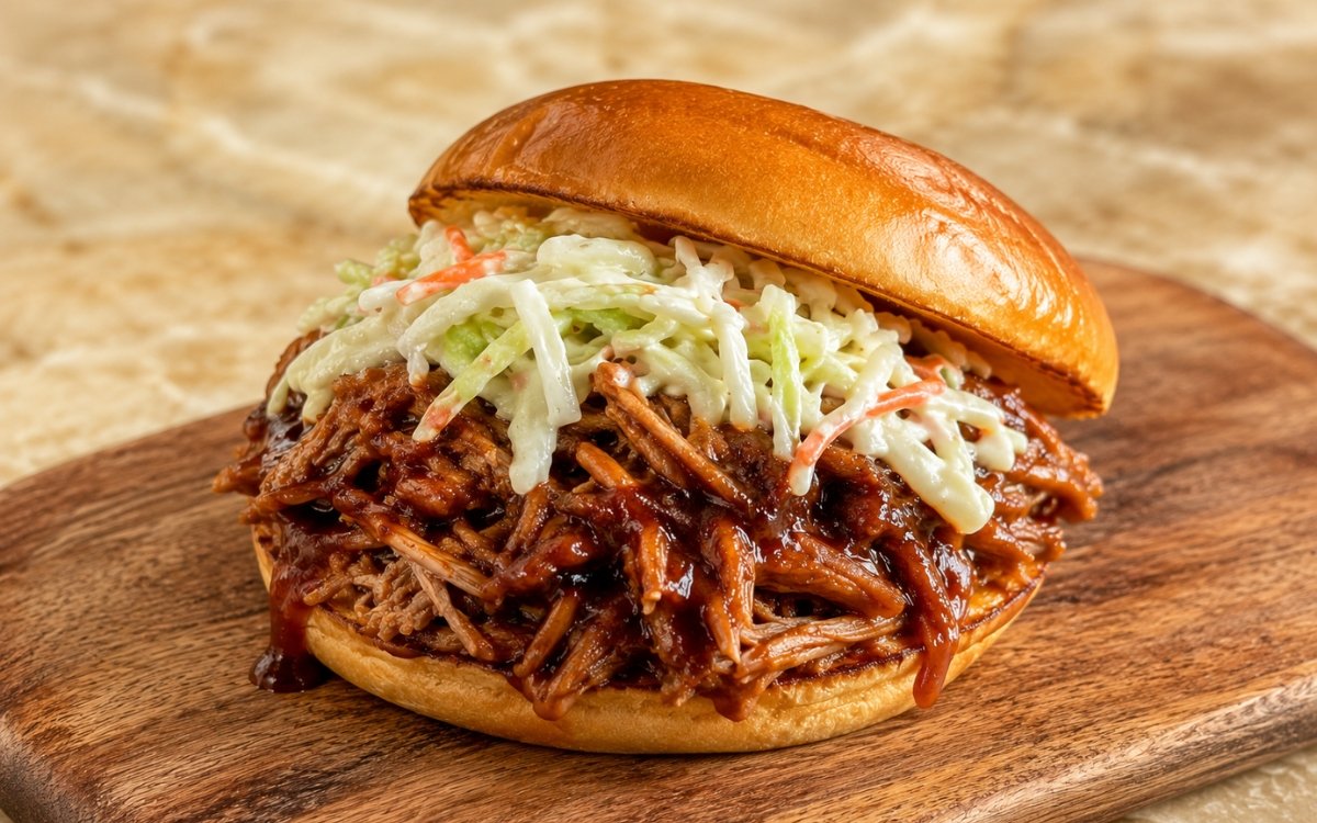 Pulled pork sandwich showing glossy shredded barbecue pork piled high on a toasted brioche bun, topped with fresh creamy coleslaw on marble surface