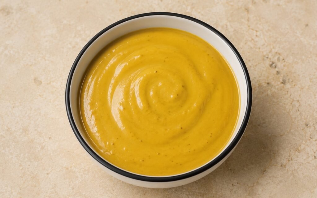 Creamy honey mustard sauce in a white bowl with a spoon, showing smooth golden consistency