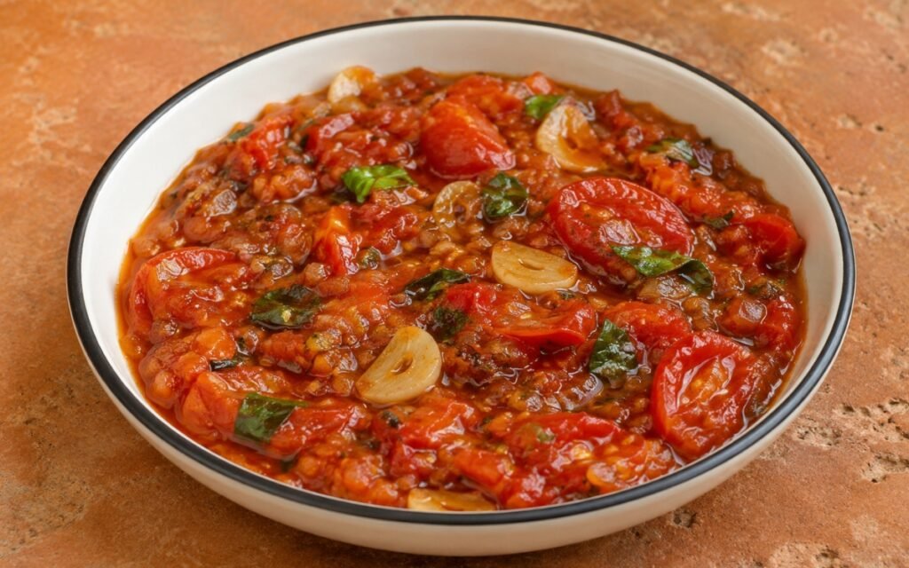 Quick warm tomato garlic sauce in a white pan showing burst cherry tomatoes in glossy sauce with fresh basil