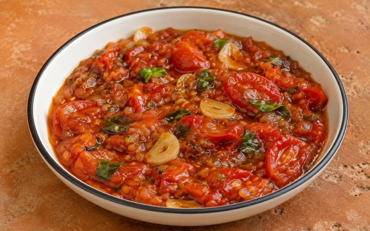 Quick warm tomato garlic sauce in a white pan showing burst cherry tomatoes in glossy sauce with fresh basil