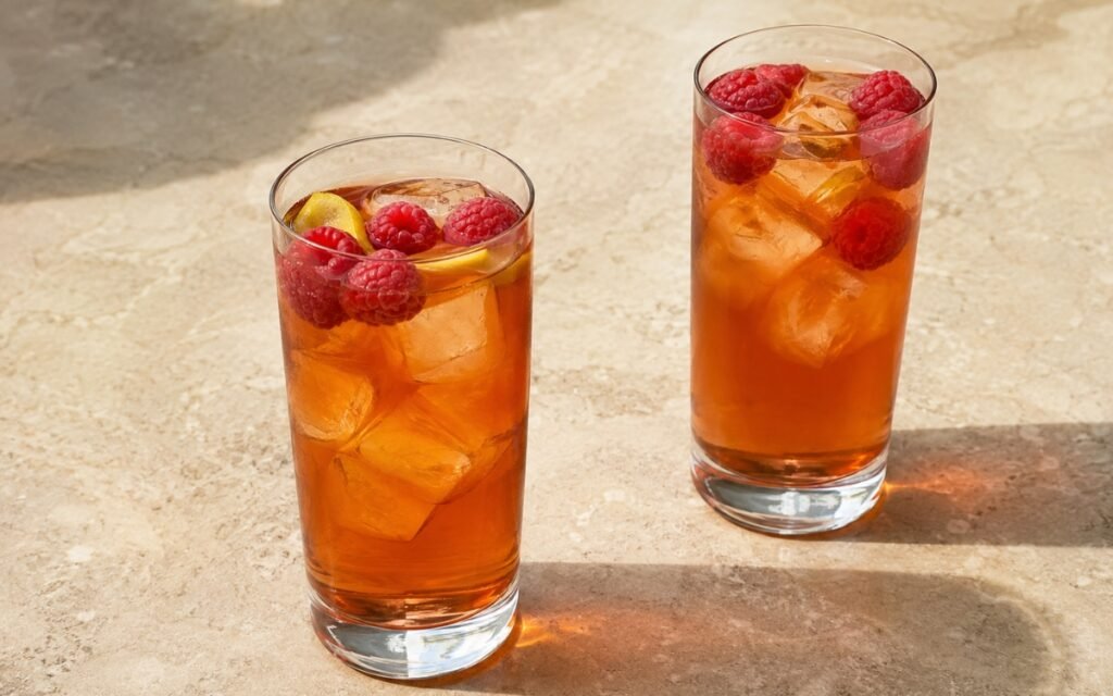 Raspberry iced black tea in a tall glass showing vivid pink-red still drink over ice with fresh raspberries on marble surface